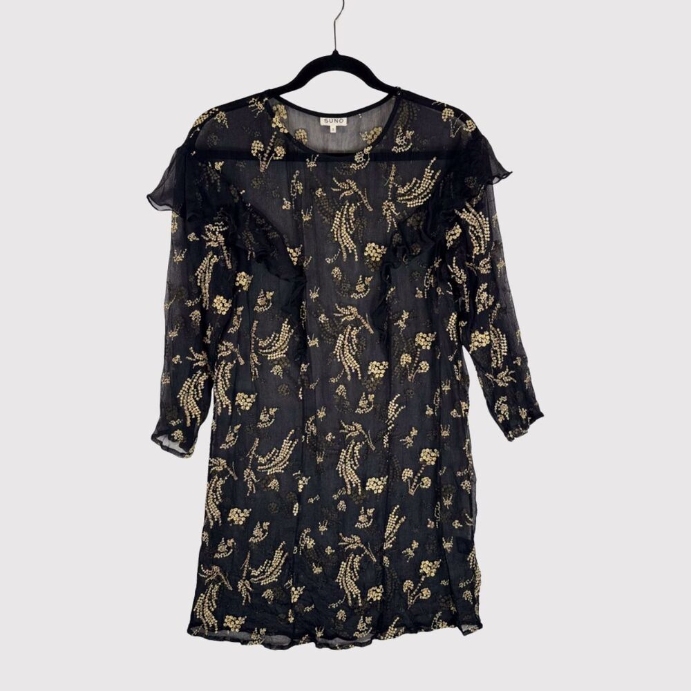 SUNO Womens Dress Black Mini Embroidered Sheer Ruffle Long Sleeve A Line Size 2